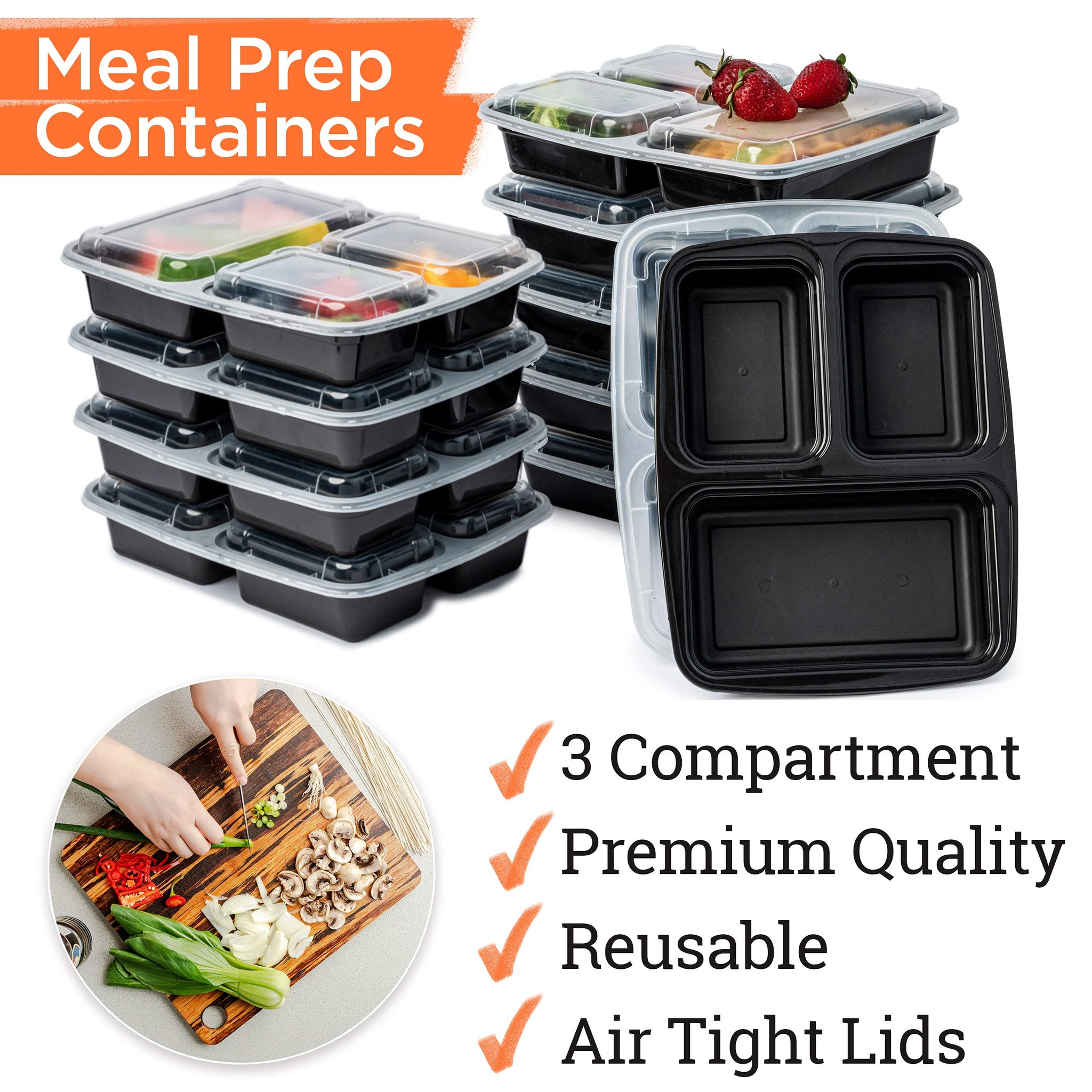 3 Compartment (10 Pack) Premium BPA Free Reusable Meal Prep Containers