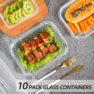 10 Pack Glass Food Storage Containers, Stackable & Leak-proof